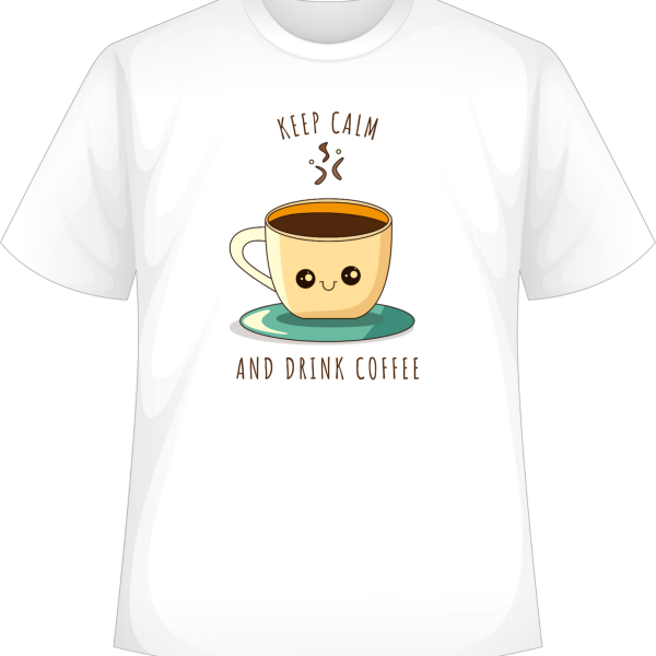 A white t-shirt with the text "Keep Calm and Drink Coffee" written, perfect for coffee lovers