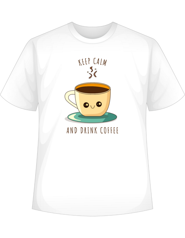A white t-shirt with the text "Keep Calm and Drink Coffee" written, perfect for coffee lovers